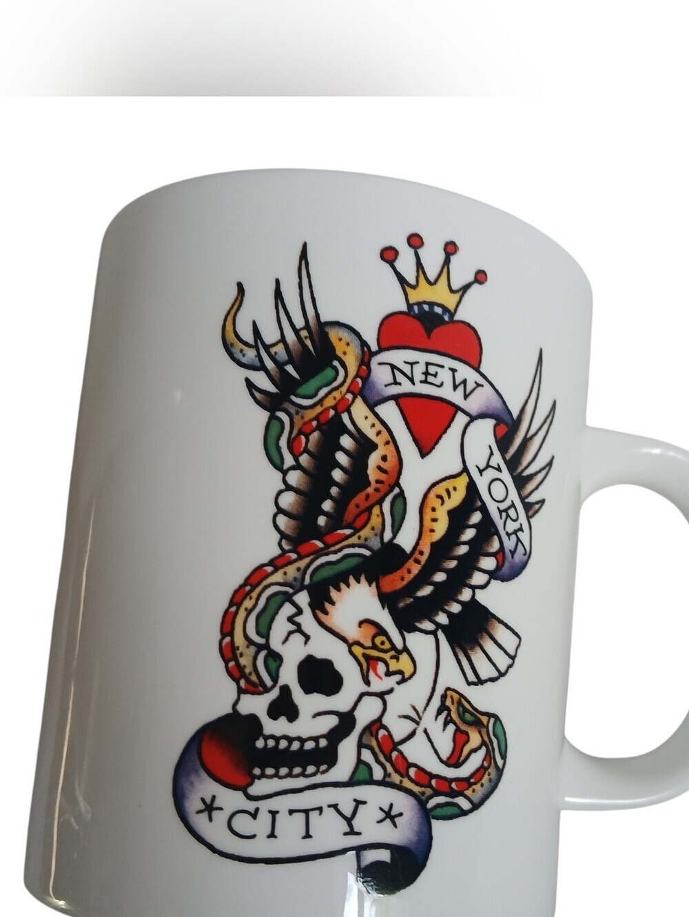 Ed Hardy White Mug with Skull Tattoo Gambling 16 oz Snake Eagle Grunge Dice